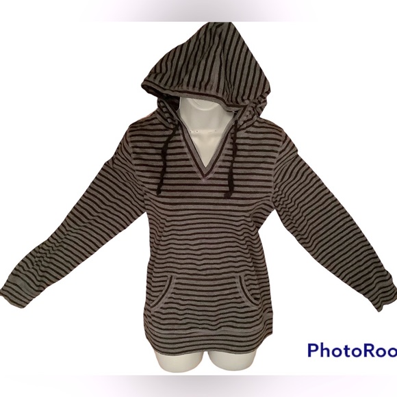 made for life Tops - Long sleeve gray and black striped V-neck hoodie. Sz. M. Excellent condition.
